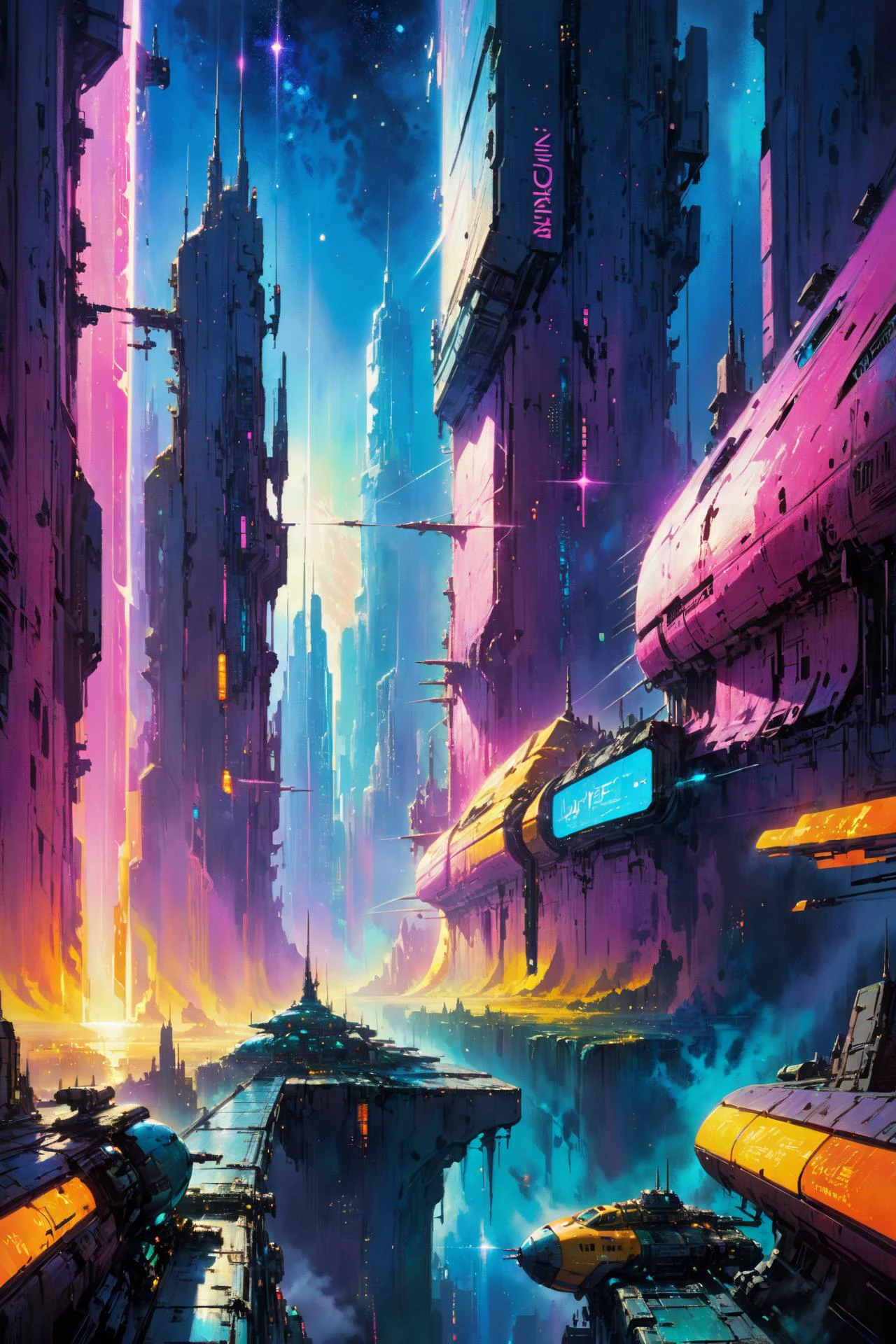 horizon d&#39;une ville dense et tentaculaire sur un monde indésirable, cyberpunk, nuit, enseignes au néon, projecteurs, hologramme,Fumée, Magenta, néons bleu sarcelle et jaune,  embrasé, Lumière éthérée,ciel étoilé, Animé, teintes cosmiques, couleurs vives, style aquarelle, Éclairage surréaliste, motifs futuristes, Des couleurs vives, Monde peint d&#39;art numérique détaillé, éclaboussures coloréesPage de style de John Berkey, (chef-d&#39;œuvre:1.2), meilleure qualité, (hyperdétaillé, le plus détaillé:1.2), textures haute résolution, 