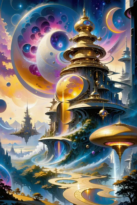 a painting of a futuristic city with a tower and a lot of planets