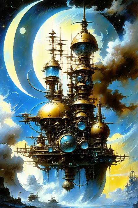 fantastic futuristic steam punk made of shiny brass towers, floating_swirls_made_of_steam, steam, smoke, blue sky, silver moons, dramatic color palette, <lora:add-detail-xl:2> misc   <lora:DonMW15pXL:0.5> DonMW15pXL,  <lora:d\EnvyFantasticXL01:1> <lora:John Berkey Style:0.6> John Berkey Style page, (masterpiece:1.2), best quality, (hyperdetailed, highest detailed:1.2), high resolution textures, <lora:EnvyBetterHiresFixXL01:1>