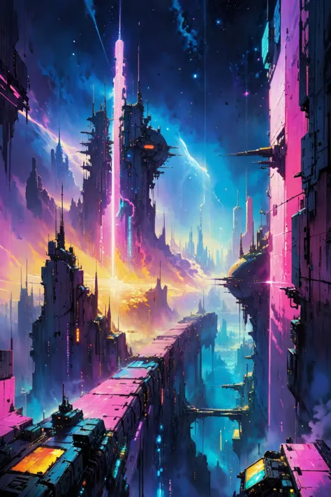 skyline of a dense and sprawling city on a junkworld, cyberpunk, night, neon signs, spotlights, hologram,smoke, magenta, teal and yelelow neon lights,  glowing, ethereal light,starry sky, bustling, cosmic hues, vibrant colors, watercolor style, surreal lighting, futuristic motifs, vivid colors, detailed digital art <lora:Painted World-000006:0.7> painted world, colorful splashes<lora:EnvyJunkworldXL01:0.8>  <lora:John Berkey Style:1> John Berkey Style page, (masterpiece:1.2), best quality, (hyperdetailed, highest detailed:1.2), high resolution textures, <lora:EnvyBetterHiresFixXL01:1>