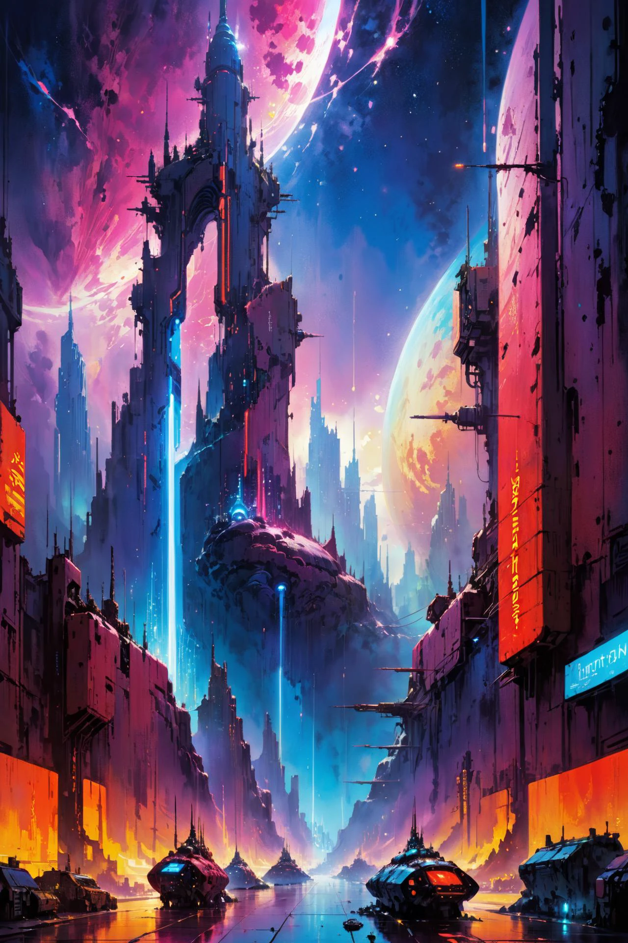 skyline of a dense and sprawling city on a junkworld, cyberpunk, night, neon signs, spotlights, hologram,smoke,  neon lights, Neon Crimson, Neon Sky Blue, Neon Burgundy, glowing, ethereal light,starry sky, bustling, cosmic hues, vibrant colors, watercolor style, surreal lighting, futuristic motifs, vivid colors, detailed digital art painted world, colorful splashesJohn Berkey Style page, (masterpiece:1.2), best quality, (hyperdetailed, highest detailed:1.2), high resolution textures, 