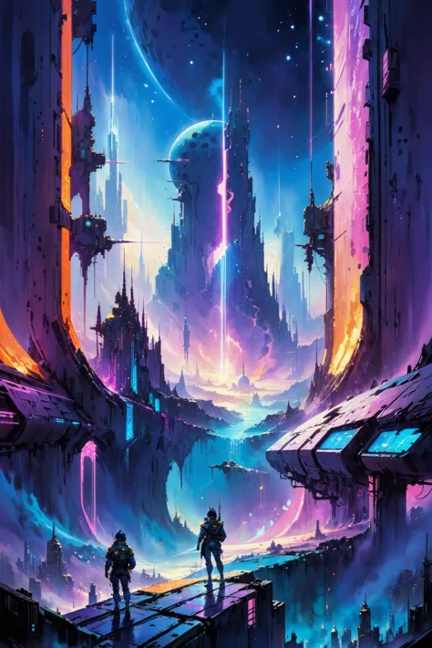 skyline of a dense and sprawling city on a junkworld, cyberpunk, night, neon signs, spotlights, hologram,smoke,  neon lights, Neon Azure, Neon Plum, Neon Mauve, glowing, ethereal light,starry sky, bustling, cosmic hues, vibrant colors, watercolor style, surreal lighting, futuristic motifs, vivid colors, detailed digital art <lora:Painted World-000006:0.7> painted world, colorful splashes<lora:EnvyJunkworldXL01:0.8>  <lora:John Berkey Style:1> John Berkey Style page, (masterpiece:1.2), best quality, (hyperdetailed, highest detailed:1.2), high resolution textures, <lora:EnvyBetterHiresFixXL01:1>