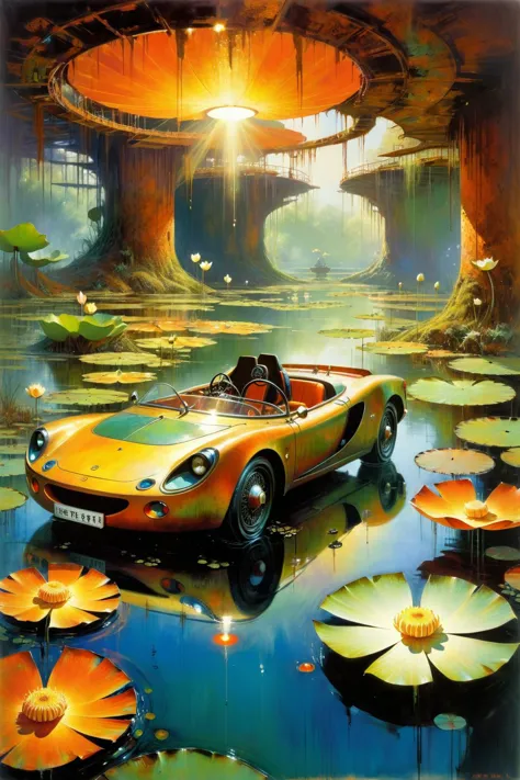 derramamento de óleo ral,Página de estilo John Berkey,interior bem iluminado,em um lago de lótus enferrujado,no car,