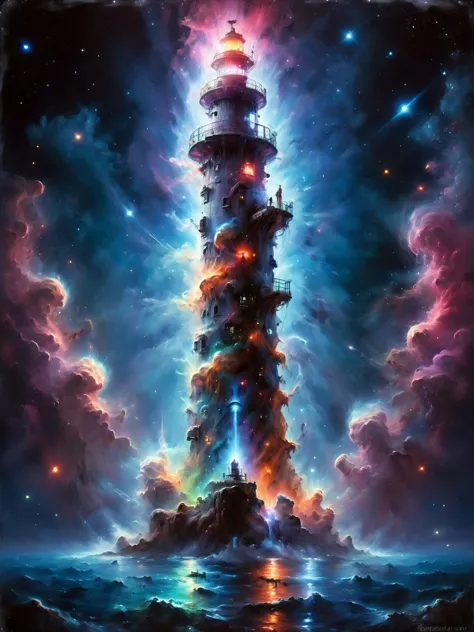 lighthouse in a mad-nbla, neon sign, bright lights, bright neon lights, <lora:Space_Nebula_Style_SDXL:0.8> <lora:John Berkey Sty...