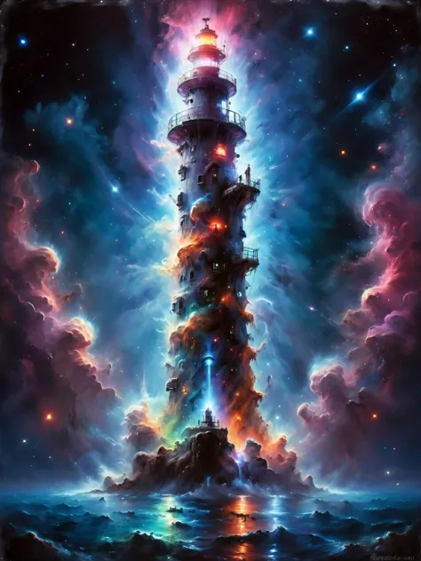 lighthouse in a mad-nbla, neon sign, bright lights, bright neon lights, <lora:Space_Nebula_Style_SDXL:0.8> <lora:John Berkey Style:0.8> John Berkey Style page, (masterpiece:1.2), best quality