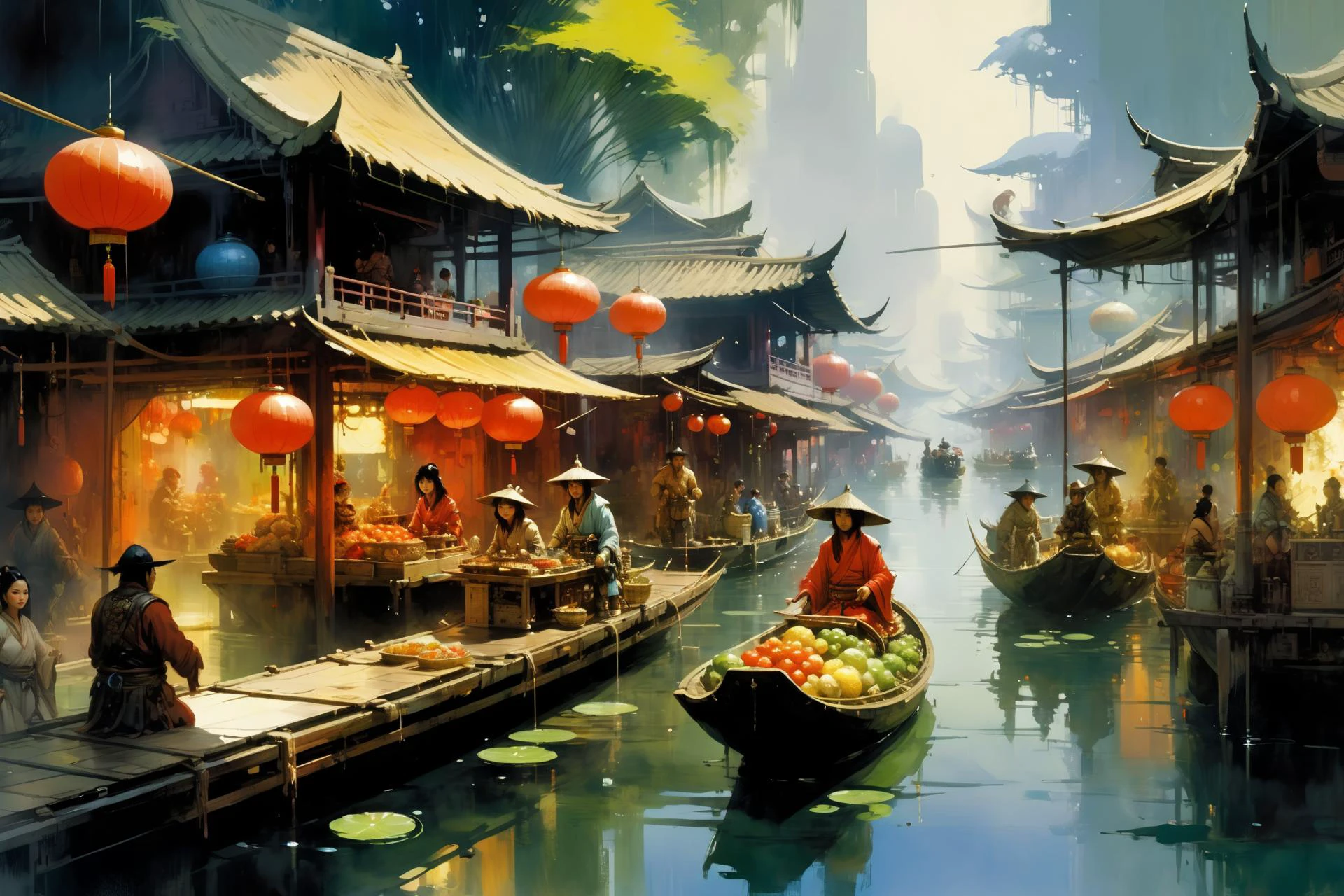 chinese floating market, (fantasy:1.2),  John Berkey Style page, 2d game scene, oil and watercolor painting,, (masterpiece:1.2), best quality