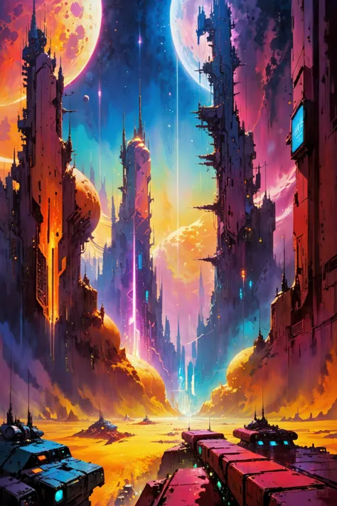 skyline of a dense and sprawling city on a junkworld, cyberpunk, night, neon signs, spotlights, hologram,smoke,  neon lights, Neon Amber, Neon Gold, Neon Burgundy, glowing, ethereal light,starry sky, bustling, cosmic hues, vibrant colors, watercolor style, surreal lighting, futuristic motifs, vivid colors, detailed digital art <lora:Painted World-000006:0.7> painted world, colorful splashes<lora:EnvyJunkworldXL01:0.8>  <lora:John Berkey Style:1> John Berkey Style page, (masterpiece:1.2), best quality, (hyperdetailed, highest detailed:1.2), high resolution textures, <lora:EnvyBetterHiresFixXL01:1>