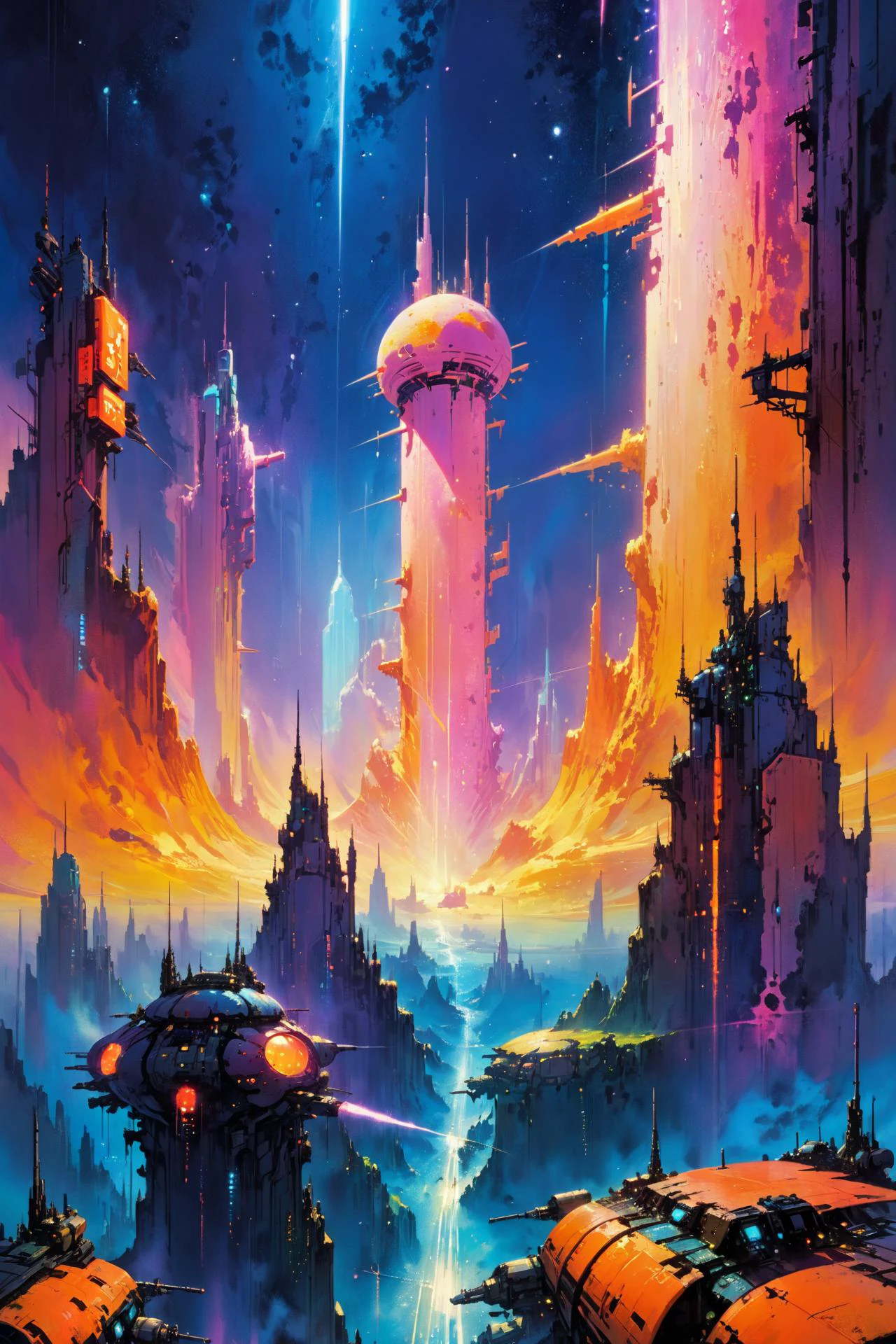 skyline of a dense and sprawling city on a junkworld, cyberpunk, night, neon signs, spotlights, hologram,smoke,  neon lights, Neon Peach, Neon Scarlet, Neon Mustard, glowing, ethereal light,starry sky, bustling, cosmic hues, vibrant colors, watercolor style, surreal lighting, futuristic motifs, vivid colors, detailed digital art painted world, colorful splashesJohn Berkey Style page, (masterpiece:1.2), best quality, (hyperdetailed, highest detailed:1.2), high resolution textures, 