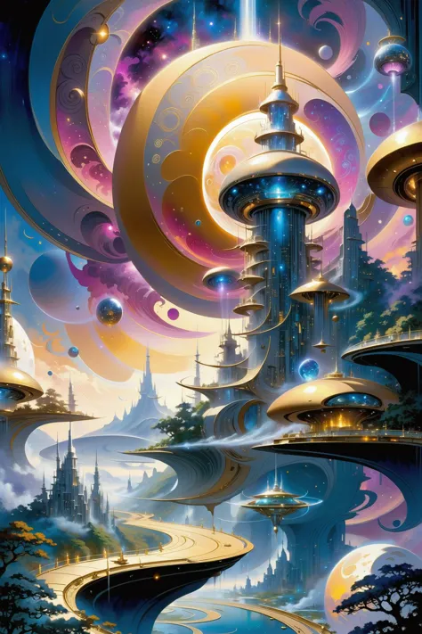 a painting of a futuristic city with a futuristic sky and a river