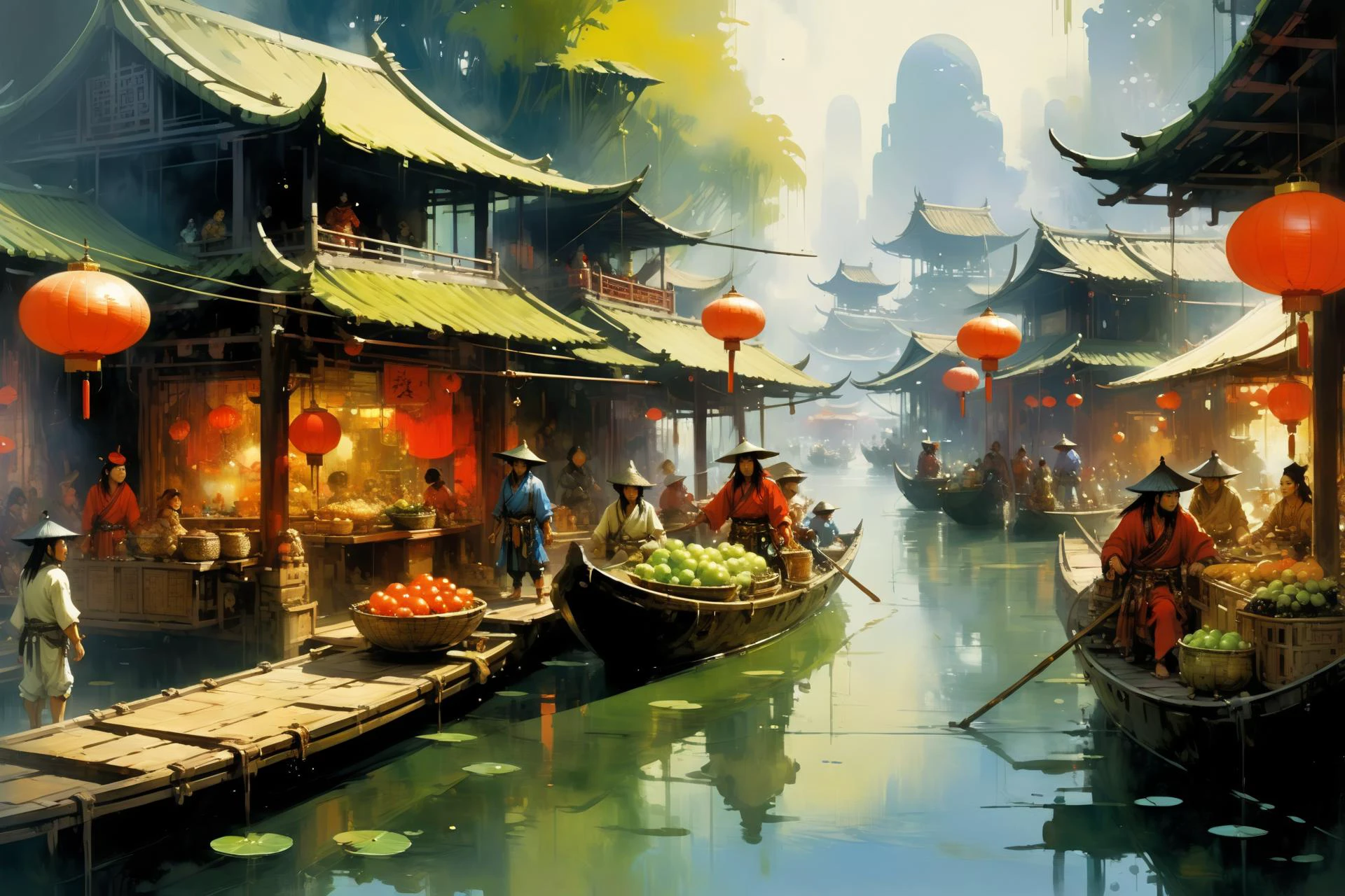chinese floating market, (fantasy:1.2),  John Berkey Style page, 2d game scene, oil and watercolor painting,, (masterpiece:1.2), best quality