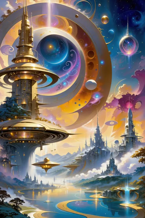 a painting of a futuristic city with a large tower and a river