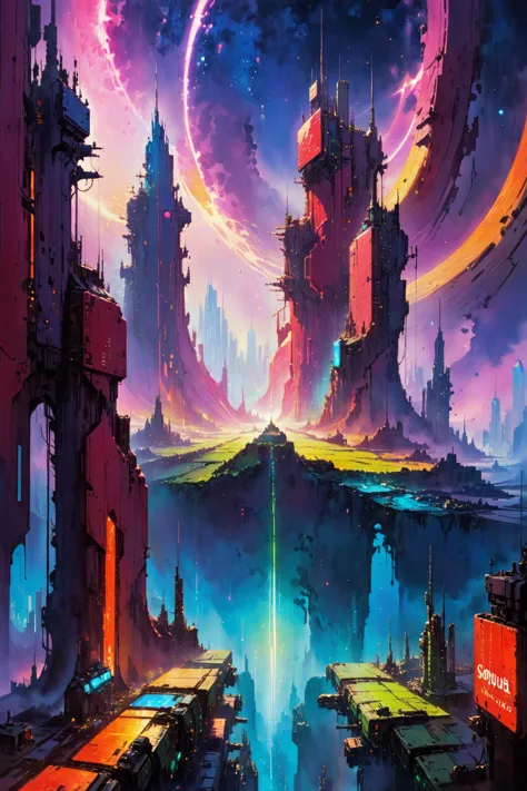 skyline of a dense and sprawling city on a junkworld, cyberpunk, night, neon signs, spotlights, hologram,smoke,  neon lights, Neon Burgundy, Neon Lime, Neon Crimson, glowing, ethereal light,starry sky, bustling, cosmic hues, vibrant colors, watercolor style, surreal lighting, futuristic motifs, vivid colors, detailed digital art <lora:Painted World-000006:0.7> painted world, colorful splashes<lora:EnvyJunkworldXL01:0.8>  <lora:John Berkey Style:1> John Berkey Style page, (masterpiece:1.2), best quality, (hyperdetailed, highest detailed:1.2), high resolution textures, <lora:EnvyBetterHiresFixXL01:1>