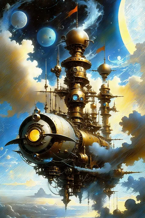 a painting of a large ship floating in the sky with a moon in the background