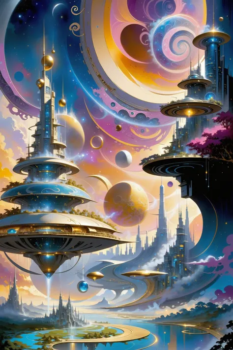 a painting of a futuristic city with a futuristic sky and planets