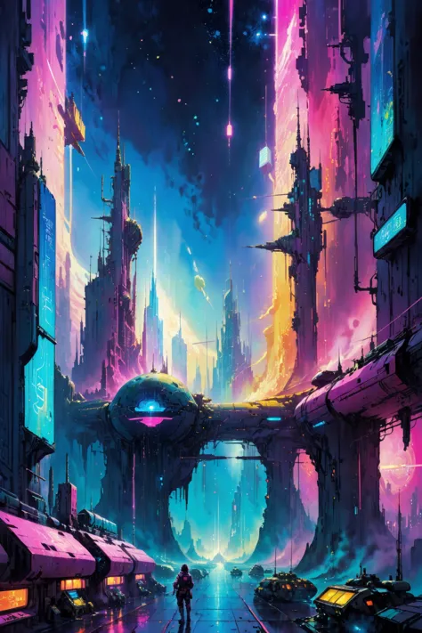 skyline of a dense and sprawling city on a junkworld, cyberpunk, night, neon signs, spotlights, hologram,smoke, magenta, teal and yelelow neon lights,  glowing, ethereal light,starry sky, bustling, cosmic hues, vibrant colors, watercolor style, surreal lighting, futuristic motifs, vivid colors, detailed digital art <lora:Painted World-000006:0.7> painted world, colorful splashes<lora:EnvyJunkworldXL01:0.8>  <lora:John Berkey Style:1> John Berkey Style page, (masterpiece:1.2), best quality, (hyperdetailed, highest detailed:1.2), high resolution textures, <lora:EnvyBetterHiresFixXL01:1>