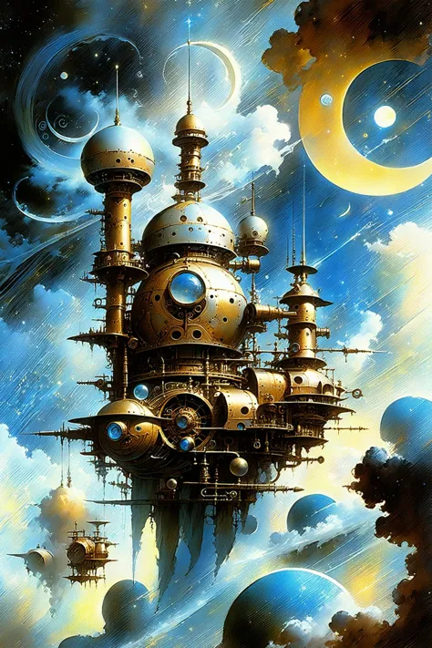 fantastic futuristic steam punk made of shiny brass towers, floating_swirls_made_of_steam, steam, smoke, blue sky, silver moons,...