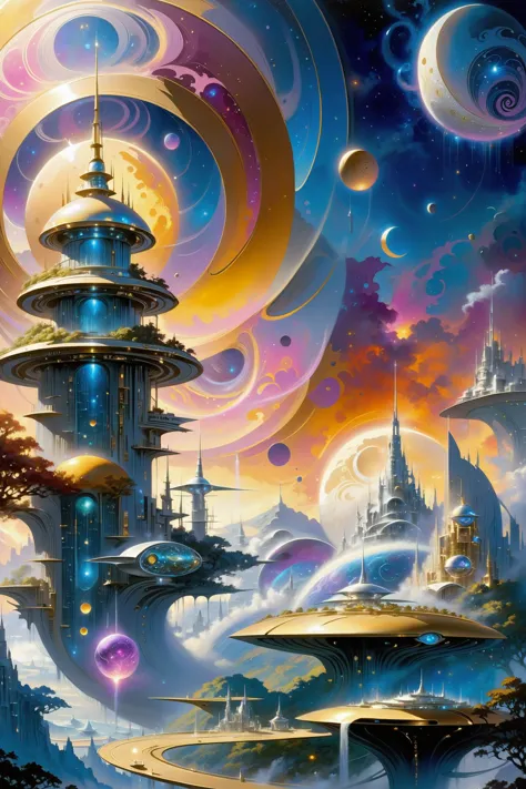 a painting of a futuristic city with a tower and a lot of planets