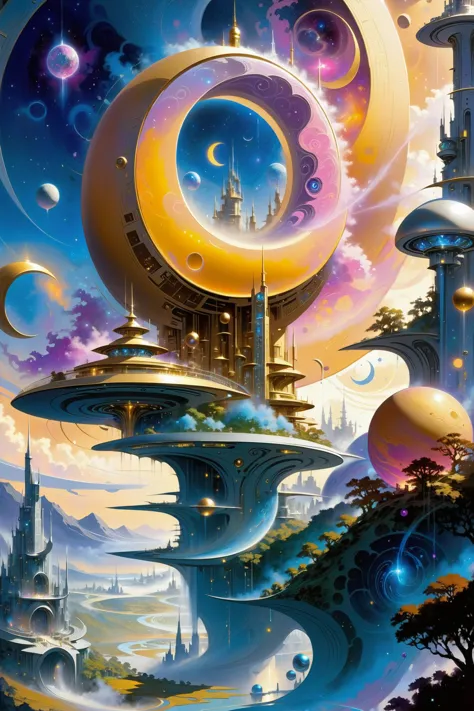 a painting of a futuristic city with a giant moon in the sky