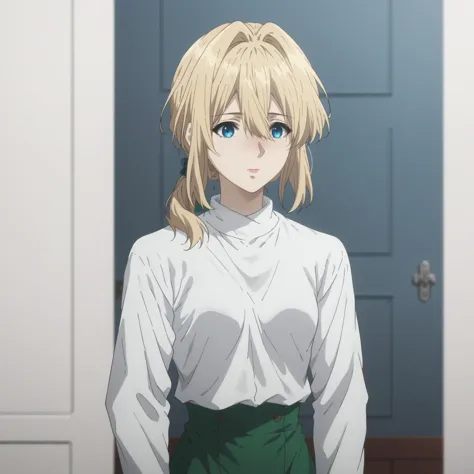 anime girl with blonde hair and blue eyes standing in front of a door