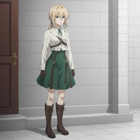 anime girl in green skirt and boots standing in front of a door