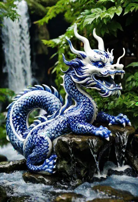 a chinese dragon made of blue and white porcelain, jungle waterfall in the background, zavy-chnsdrgn, SimpleNegativeV3,
