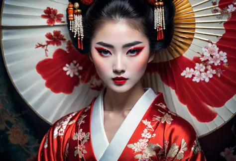 HDR photo of Create a detailed, full-body portrait of an enchanting 18-year-old geisha, adorned in a stunning white and red kimono. Her features should be meticulously rendered, with a particular focus on her captivating, mysterious eyes that hold a hint of seductiveness. She should be depicted kimono flowing fluidly around her. As a whole, the image should evoke feelings of intrigue and allure, with a touch of strangeness to make it truly memorable. style of Charlie Bowater, style of Huang Guangjian, style of Nick Knight, . High dynamic range, vivid, rich details, clear shadows and highlights, realistic, intense, enhanced contrast, highly detailed, SimpleNegativeV3,