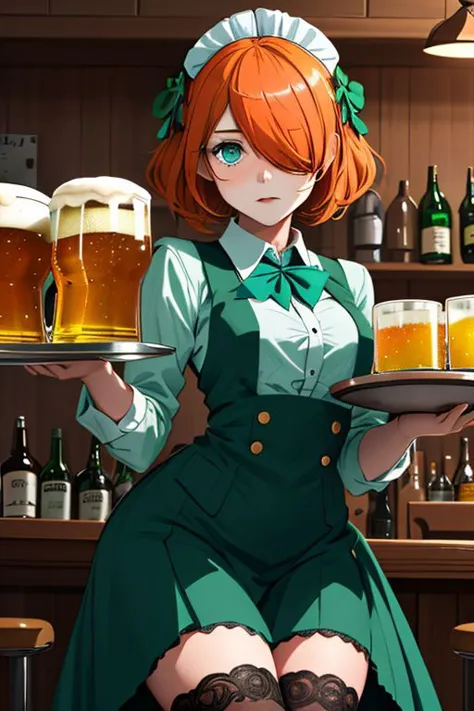 Style-EMCG,SimpleNegativeV3,good hands,1girl, orange hair, hair over one eye, Irish bar maid, green bar maid, criss-cross laces, collared shirt, shamrock hair ornament, shamrock brooch, serving tray with beer mugs, tavern