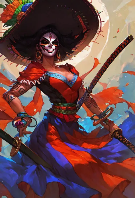 score_9, score_8_up, score_7_up, score_6_up, score_5_up, score_4_up, 1girl, Mexican dress, sombrero, dios de los muertes, face paint, smile, katana, dynamic