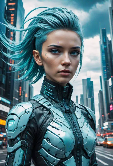 elegant cinematic action pose, intricately detailed glitch art stillsuit,  petite athletic figure, magnificent clouds, epic vibrant futuristic megacity, captivating eye contact, undercut hair,  style of Duncan Fegredo, style of Piotr Foksowicz, style of Eddie Mendoza,SimpleNegativeV3,