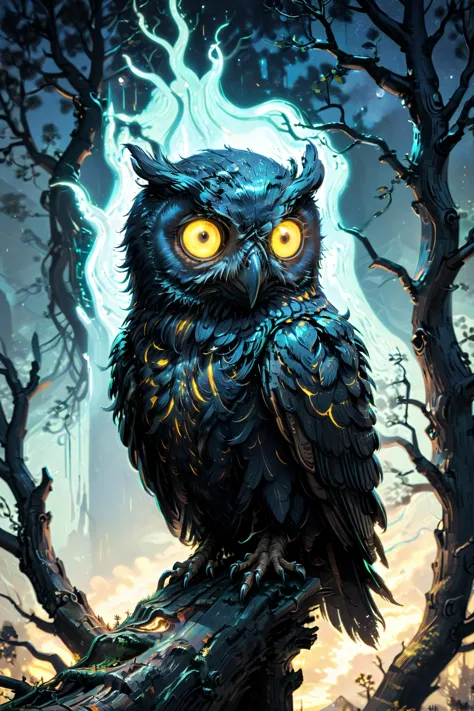 an owl sitting on a branch with glowing eyes