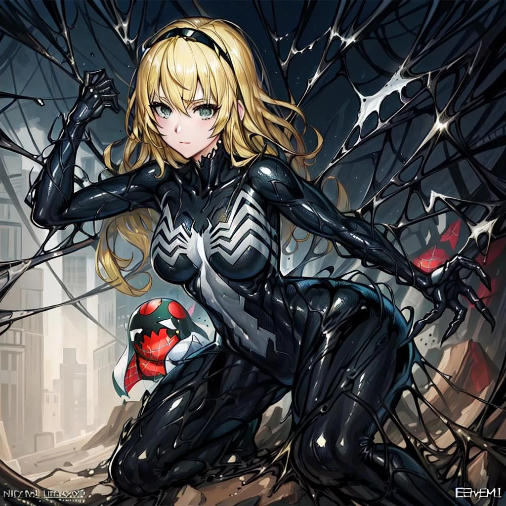 ((best quality)), (highly detailed:1.2), masterpiece, ((official art)),1girl, solo,
symbiote,spider gwen,SVGM,blonde hair, 
