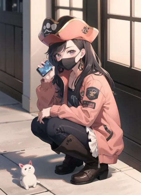 1girl,(pink pirate,pirate hat,jacket:1),boots,harajuku, jiraikei,gyaru,face mask,phone,v,squatting,street,  (masterpiece, high quality:1.2),looking looking at viewer,rolling_door,toy