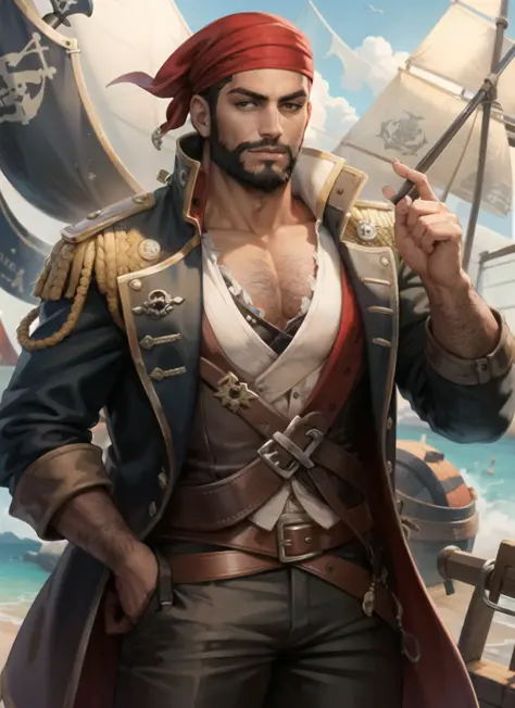 1boy,(pirate:1.1),  (masterpiece, high quality:1.2), beard ,coat,bandana,