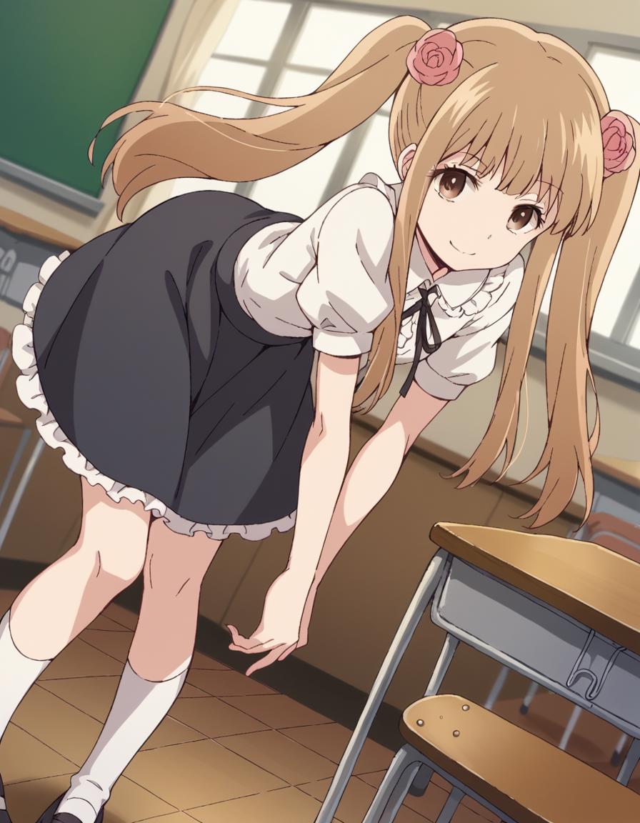 Anime girl in school uniform bending over in front of a desk - SeaArt AI