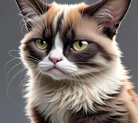 very realistic, superb resolution, ultra high definition, hyper detailed, extremely sharp, masterpiece, good composition, light mapping, chroma, centered well, Grumpy Cat, simple gray background, bokeh