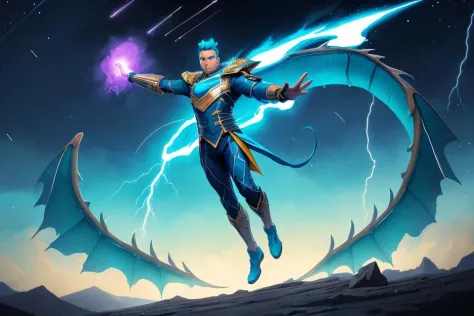 A full body portrait of a levitating powerful man wearing futuristic mage uniform raised arm outstretched hand spraying a whirlwind of cyan and azure light dragons, highly detailed eyes, 2d art cover, official fanart behance hd artstation, masterpiece, smo...