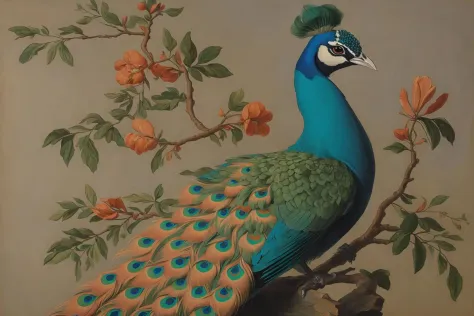 striking painting of a peacock with detailed features relating to Ornithology science \(oil on canvas\), classic painting, bird anatomy, good composition <lora:1658150168111984718:0.9>