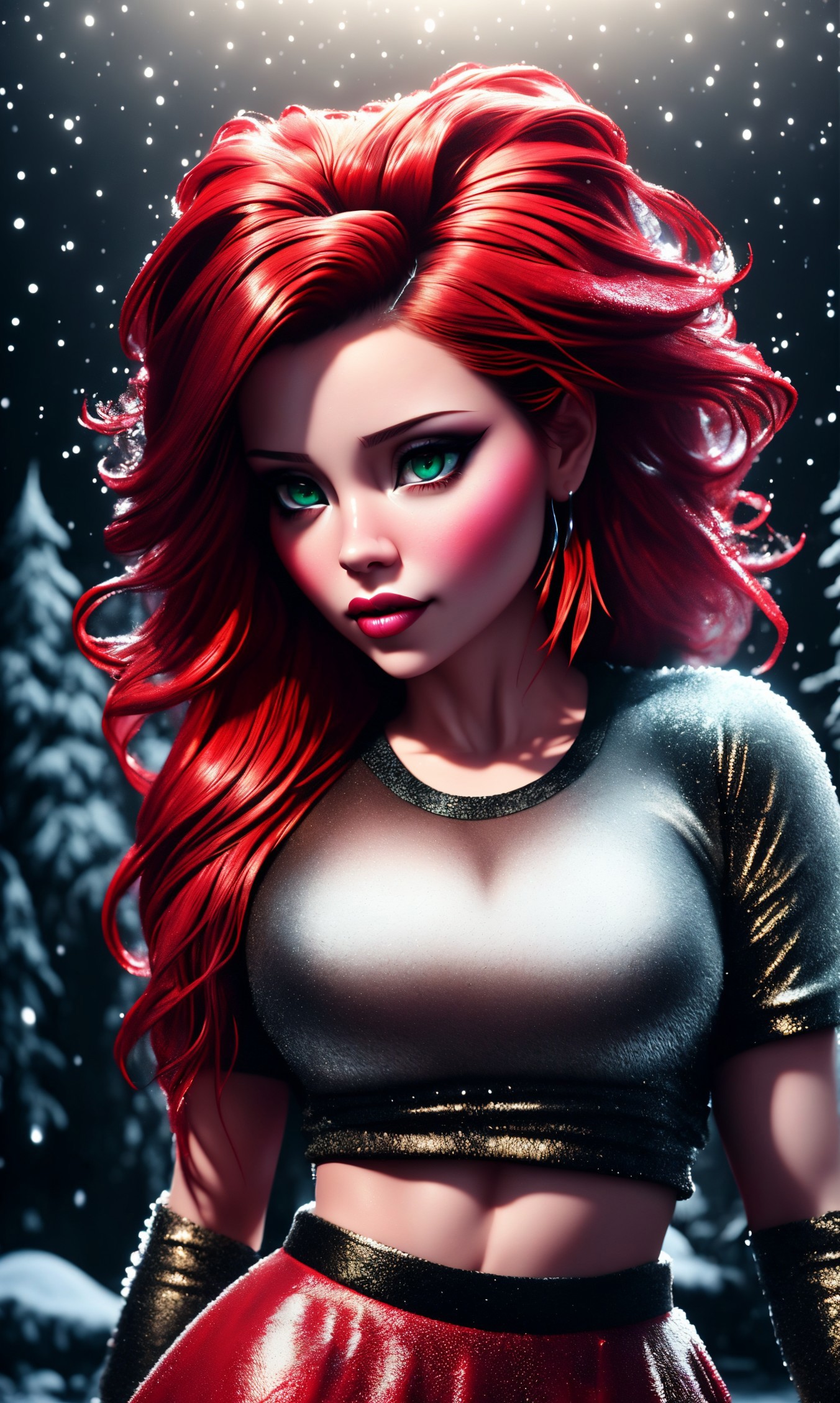 A woman with red hair and a silver top in the snow - SeaArt AI