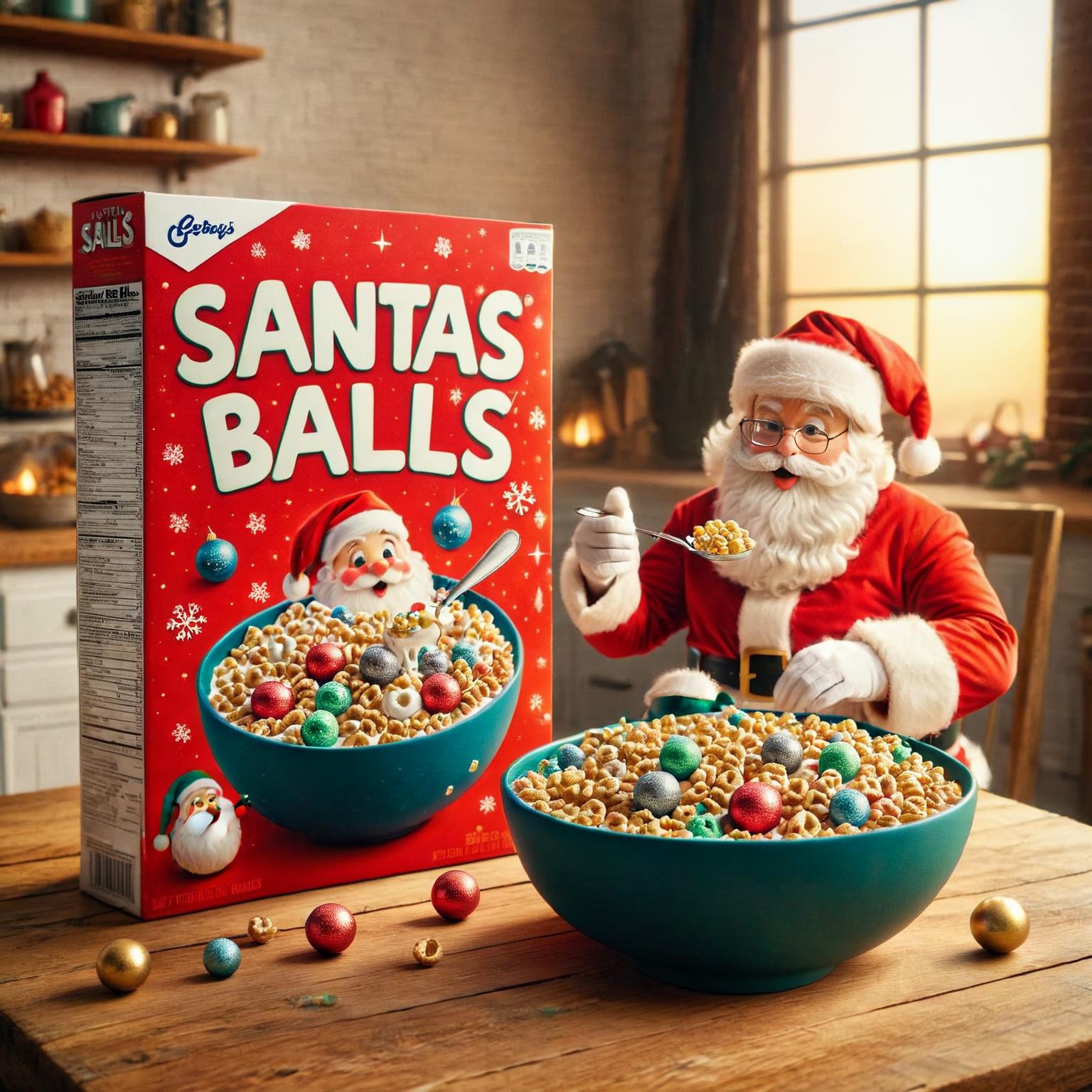 Um close de uma caixa de cereal com um Papai Noel comendo cereal - SeaArt AI