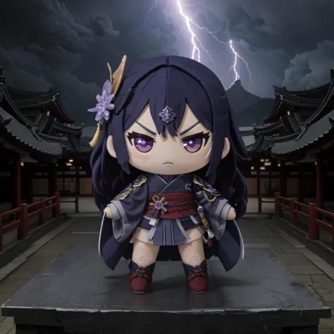 <lora:raidenshogun1:0.8> raidenshogundef, long braid,
heroic pose, angry, agressive,
deep intensive murderous glance,
dark clouds, storm, lightnings,
east asian architecture, scenery,
<lora:2024-04-15_09-56-15-save-870-10-0:1>plushify, character stuffed toy, chibi,