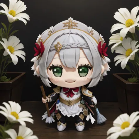 <lora:woafu_plushify_v4:0.8>plushify, character stuffed toy, chibi,
 <lora:noelle1:0.8> noelledef, grey white hair, green eyes, headdress,
holding broom, 
happy, smiling,
spring, flowers,