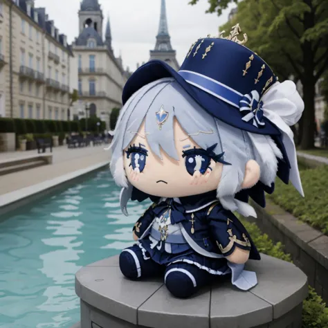 Furinadef,
pleurer à chaudes larmes,assis au bord d&#39;une fontaine,
fond de ville française blanche,
 pelucher, peluche personnage, chibi,