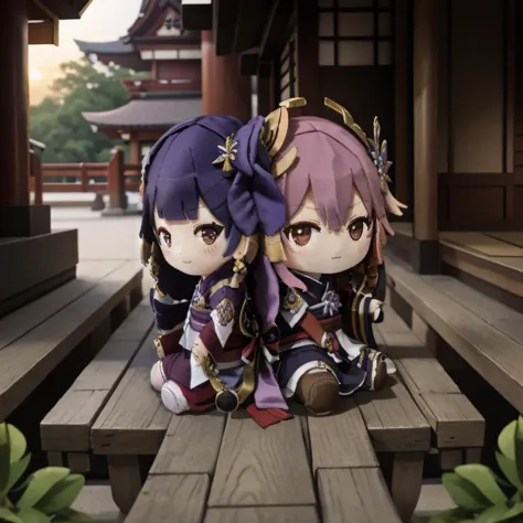 two anime characters sitting on a wooden platform with a building in the background