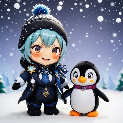 w3uladef, building a snowman with the help of a penguin,
cute, smiling, happy,
snow, snowing,
 <lora:woafu_plushify_sdxl_v02:0.8...