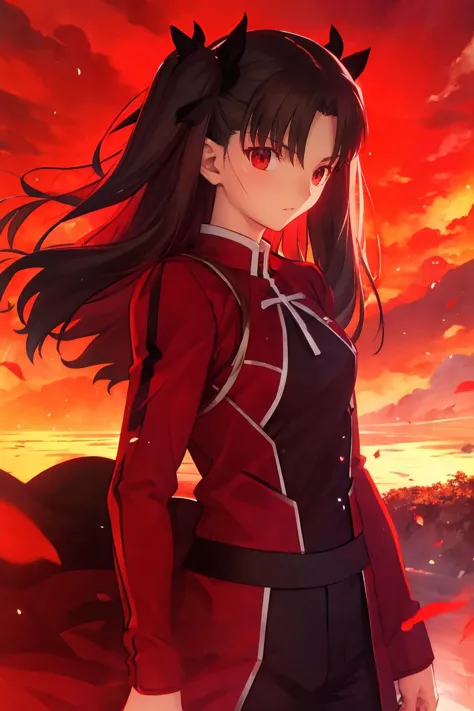 a woman in a red jacket and black pants standing in front of a sunset