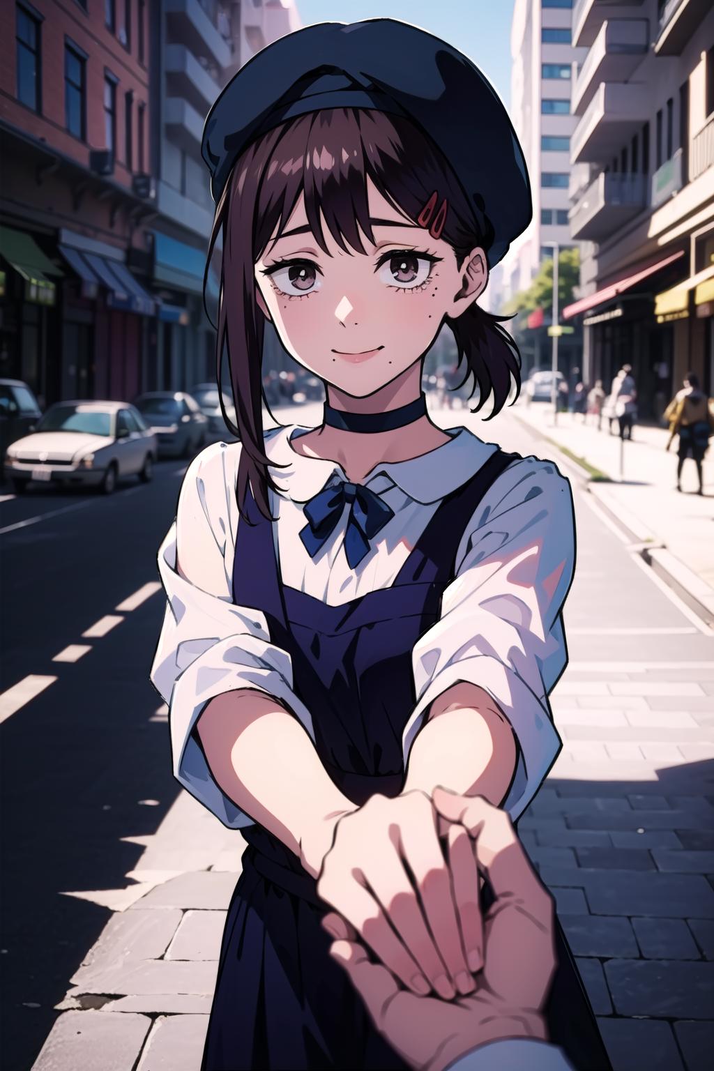 Anime girl in uniform holding hands with a man in a hat - SeaArt AI