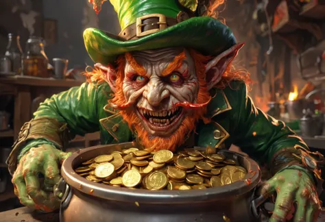 A bloody, violent, dangerous, and disheveled, leprechaun, has feverishly defended his pot of gold coins, by any means necessary....