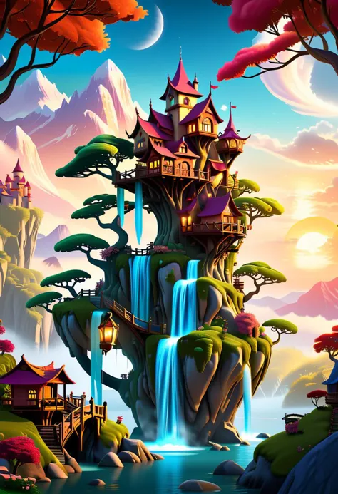 a cartoon style illustration of a waterfall and a castle in the middle of a forest