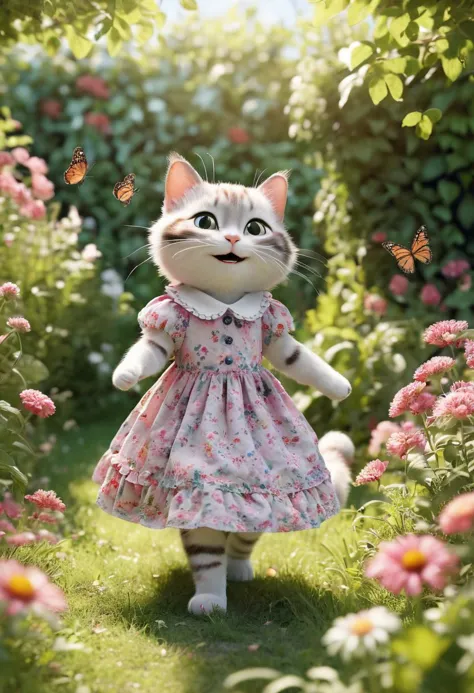 there is a cat that is walking in the grass with flowers