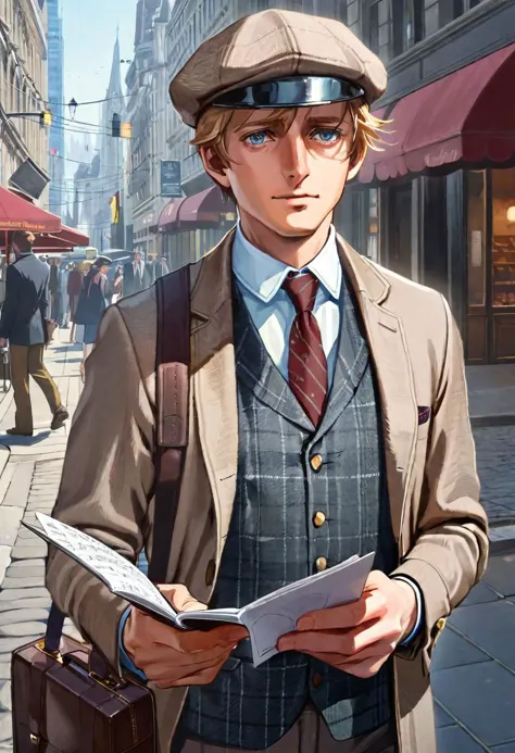 anime man in a suit and tie holding a newspaper on a city street